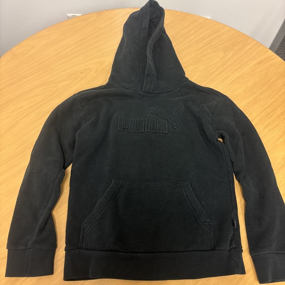 Puma Boys Sz M Pull Over Black Hoodie. White Stain On Hood And Right Sleeve D4